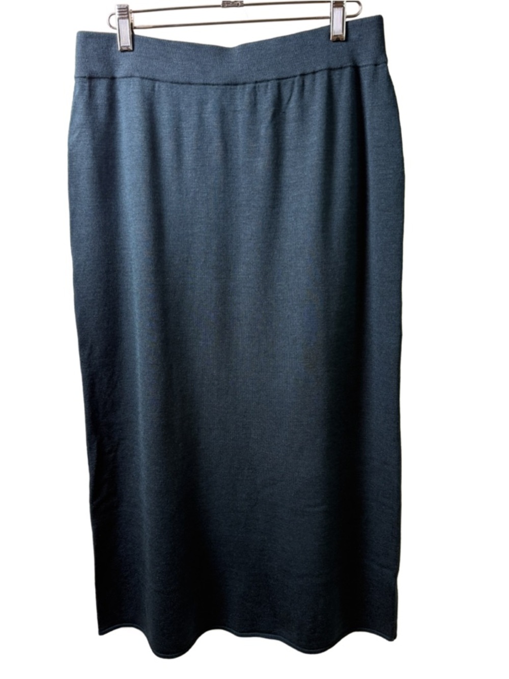 Eileen Fisher Teal Silk Blend Knit Midi Skirt Elastic Waist Size M Minimalist